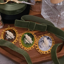 Load image into Gallery viewer, Victorian Haunting Raven Cameo Green Velvet Choker Necklace
