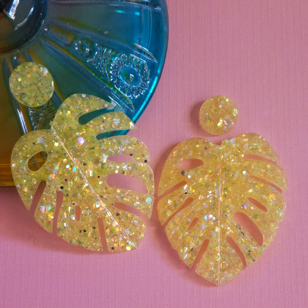 Glitter! Yellow Monstera Earrings