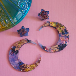 Glitter! Starry Night Moon Earrings