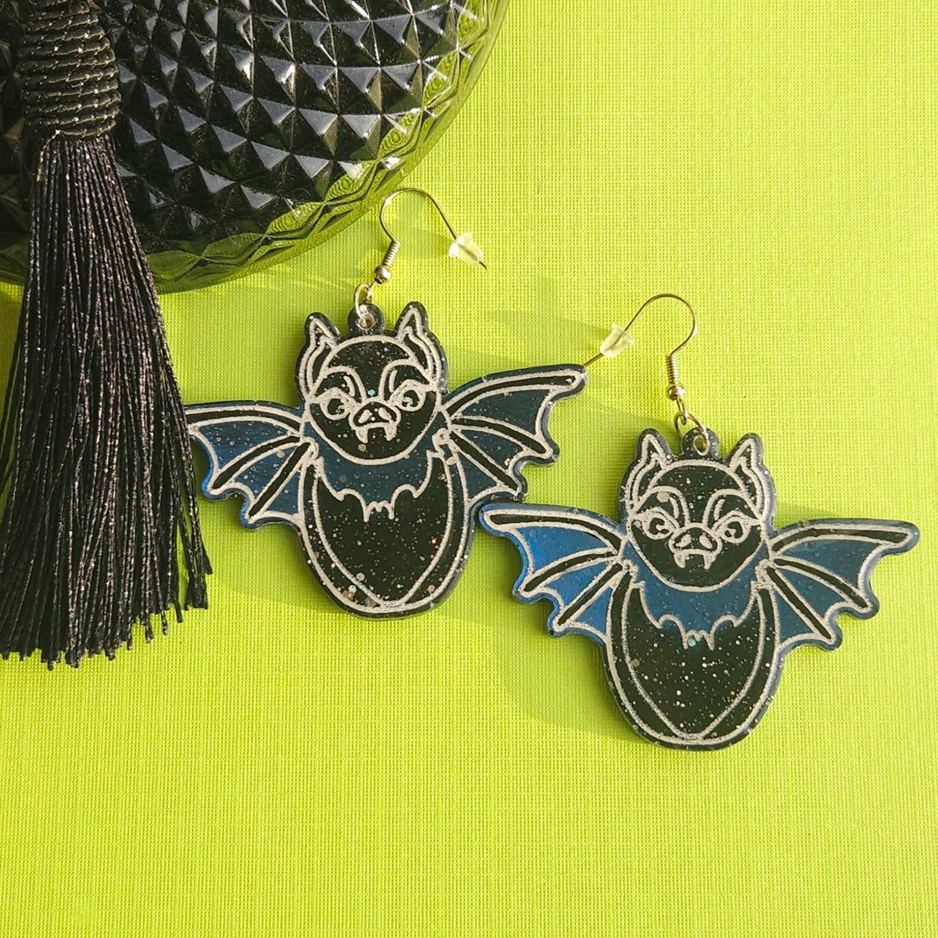 Blue Metallic Bat Earrings