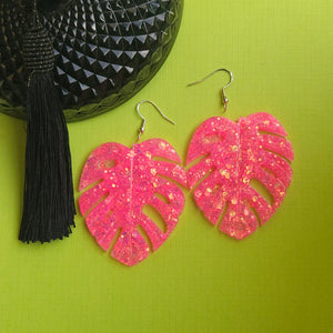 Pink Monstera Glitter Leaf Earrings