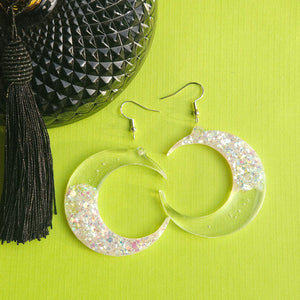 White Glitter Moon Earrings