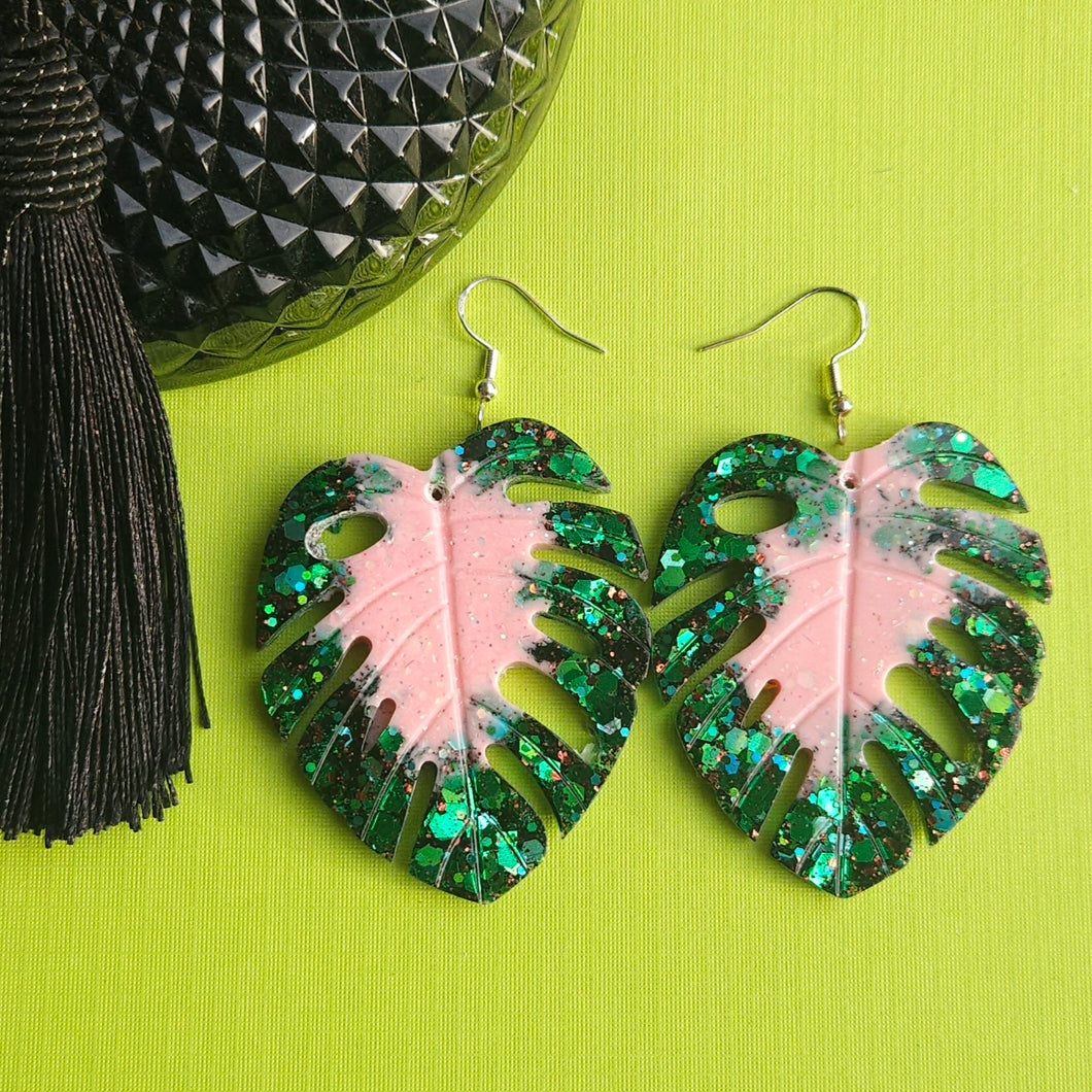 Green and Pink Monstera Leaf Earrings