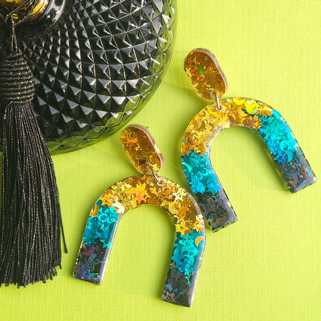 Gold Black and Teal Arch Earrings