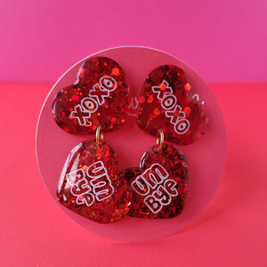 Galentine's day Ruby Red "Love 'em and Leave 'em" Heart Earrings