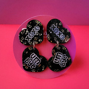 Galentine's day Black and Gold "Love 'em and Leave 'em" Heart Earrings
